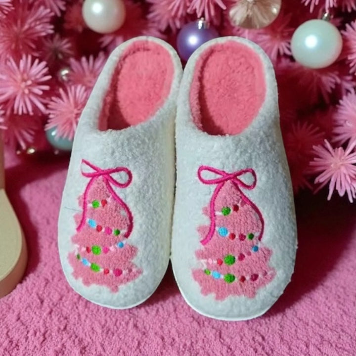 Pink Christmas Tree Slippers – Cozy Holiday Slippers with Foam Interior, Fuzzy Exterior, No-Slip Sole, Sizes 6–10