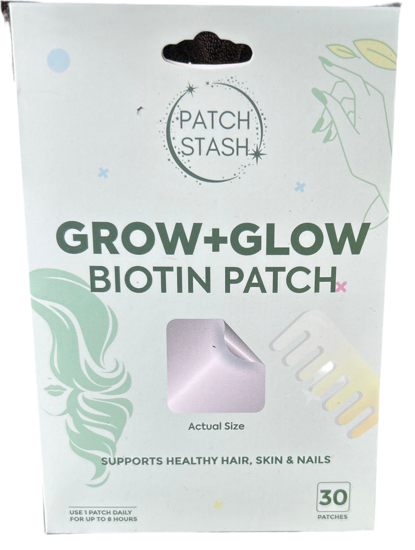 Patch Stash GROW + GLOW BIOTIN Hair, Skin & Nail Support Patches – 30 Count, 3” x 3”, Transdermal Patch for Healthy Hair Growth & Skin Radiance