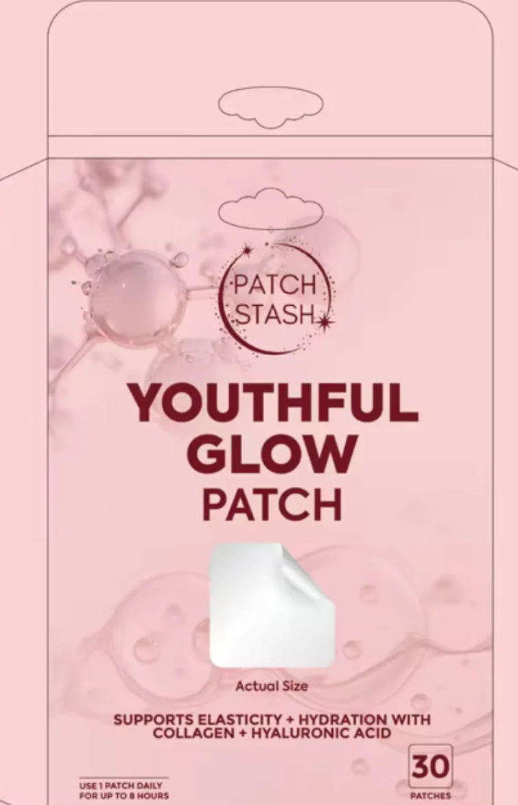 Patch Stash YOUTHFUL GLOW Collagen + Hyaluronic Acid Skin Support Patches – 30 Count, 3” x 3”, Transdermal Patch for Hydration & Elasticity