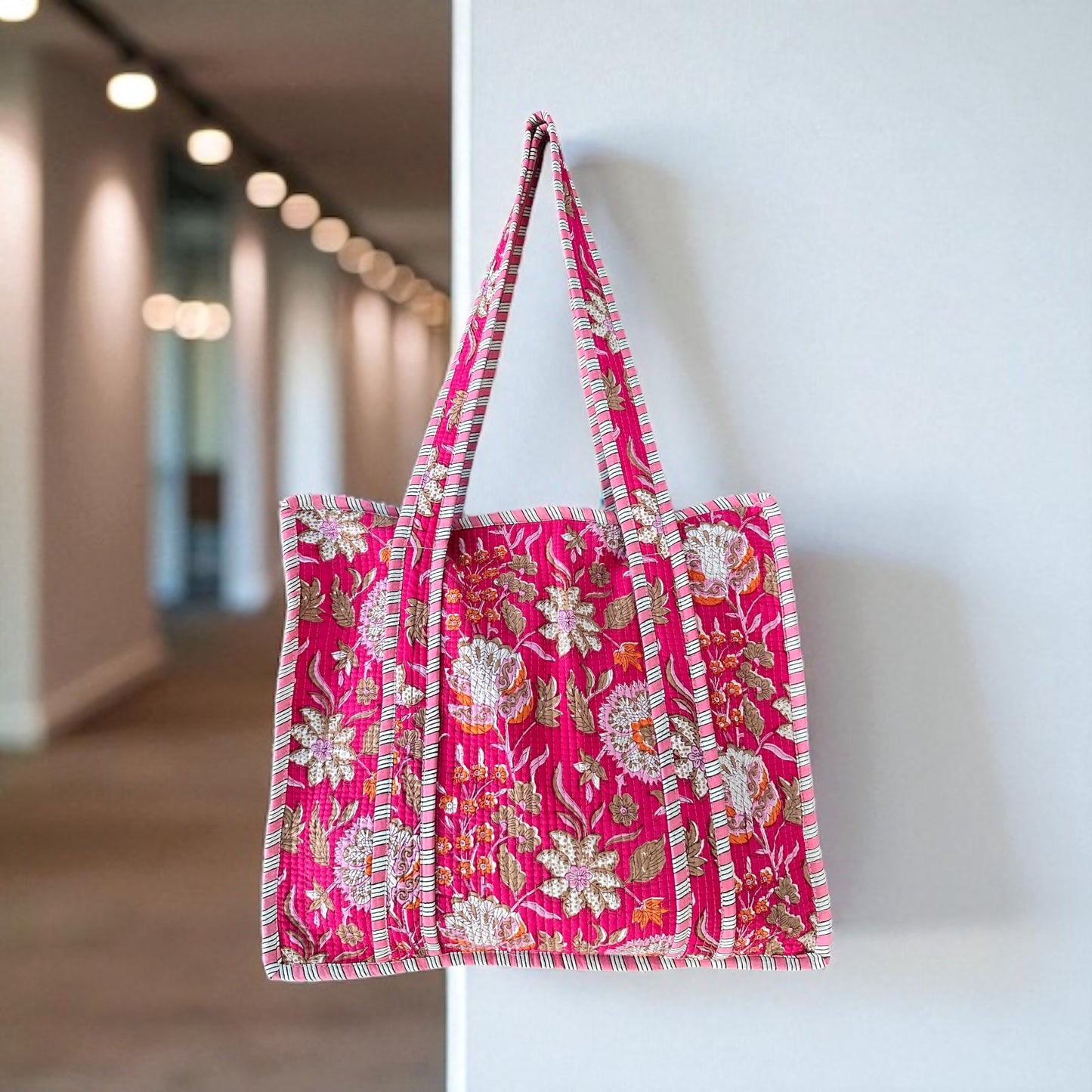 Fuchsia Bloom Block Print Quilted Bag Collection