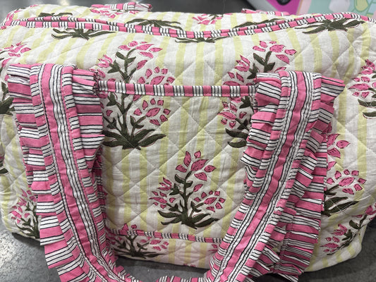 Ruffled Garden Premium Cotton Block Print Quilted Tote, Duffel, and Cosmetic Bags