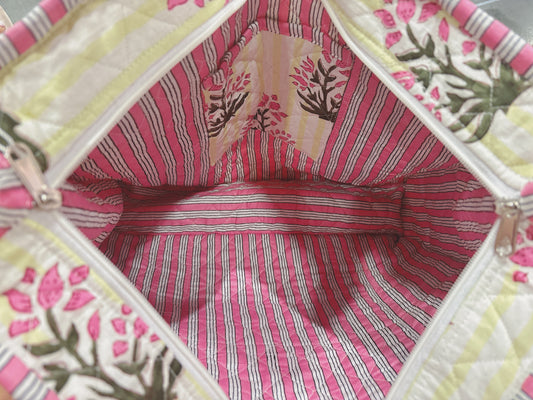 Ruffled Garden Premium Cotton Block Print Quilted Tote, Duffel, and Cosmetic Bags