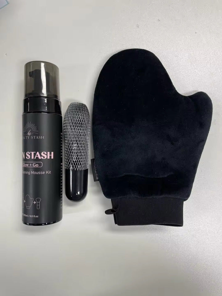 Sun Stash Glow + Go Complete Tanning Kit – Sunless Self-Tanning Foam with Mitt & Brush, 6.3oz
