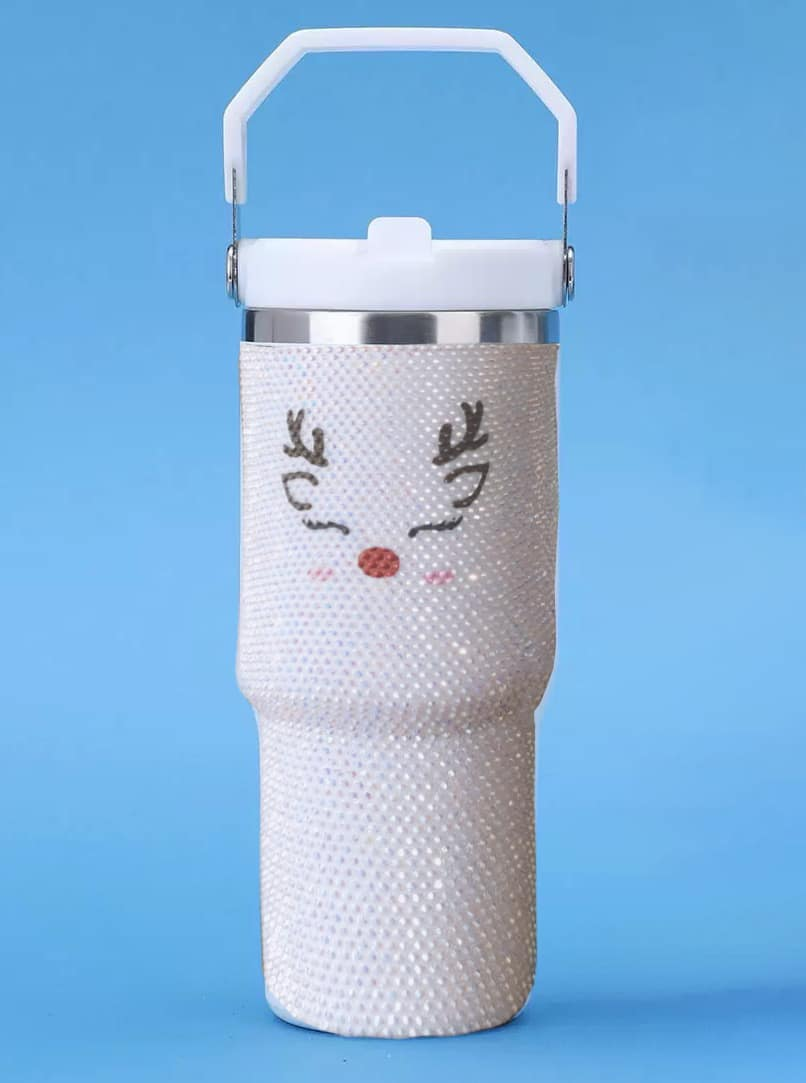 30oz Rhinestone Christmas Tumbler – Snowman & Reindeer Bling Travel Mug with Handle and Flip-Top Straw