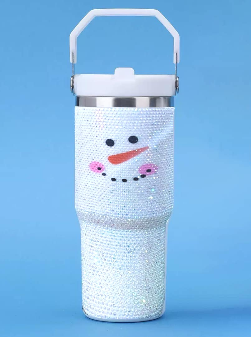 30oz Rhinestone Christmas Tumbler – Snowman & Reindeer Bling Travel Mug with Handle and Flip-Top Straw