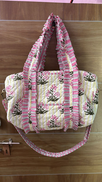 Ruffled Garden Premium Cotton Block Print Quilted Tote, Duffel, and Cosmetic Bags