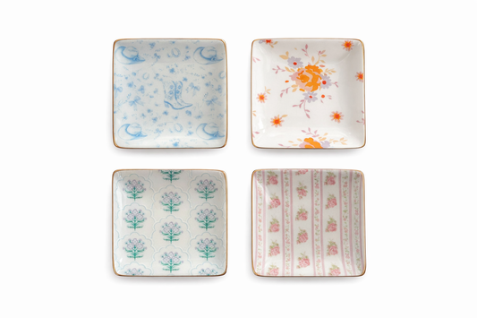 Ceramic Jewelry Trinket Tray with Gold Rim – 4” Square Catchall Dish