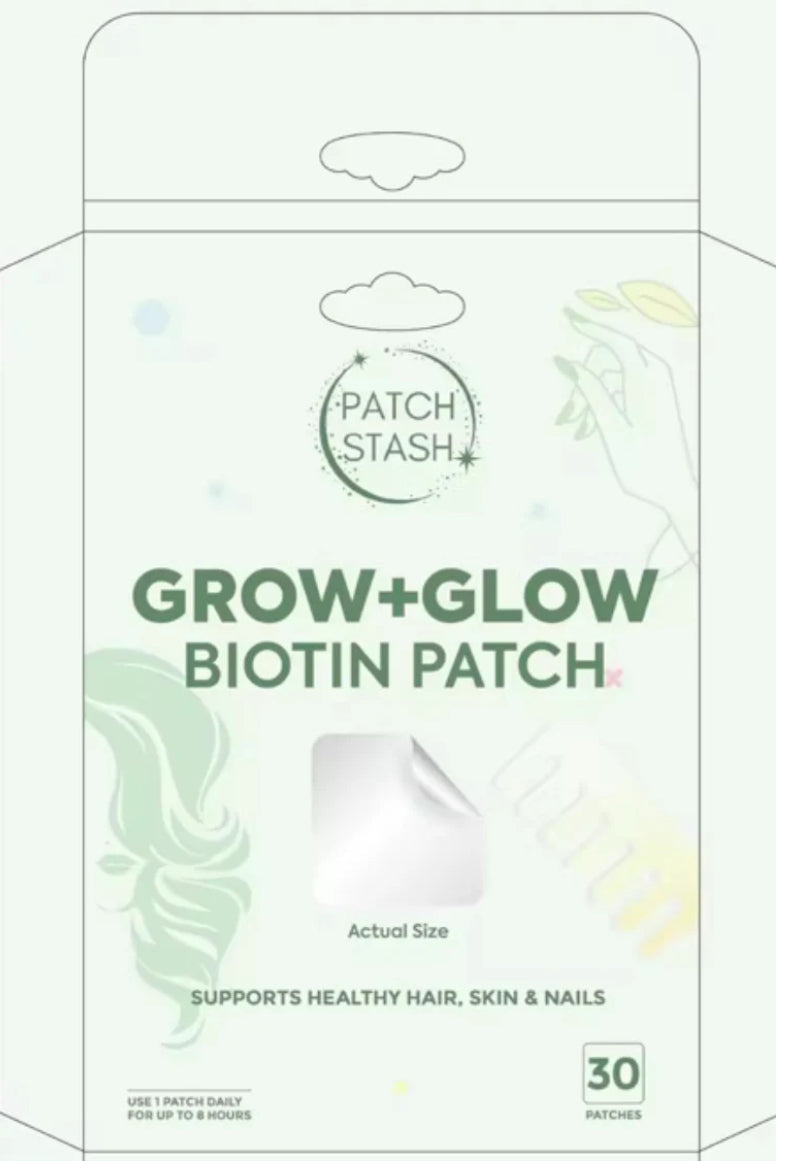 Patch Stash GROW + GLOW BIOTIN Hair, Skin & Nail Support Patches – 30 Count, 3” x 3”, Transdermal Patch for Healthy Hair Growth & Skin Radiance