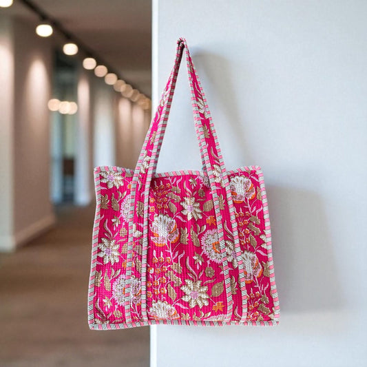 Fuchsia Bloom Block Print Quilted Bag Collection