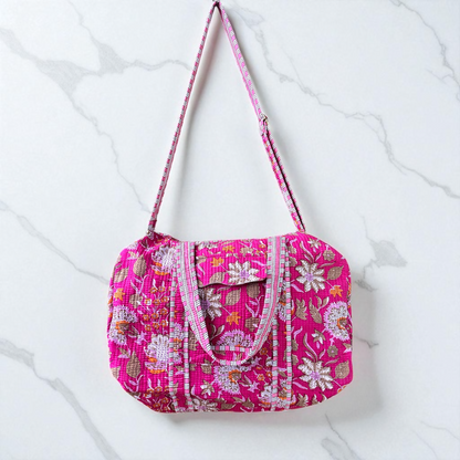 Fuchsia Bloom Block Print Quilted Bag Collection