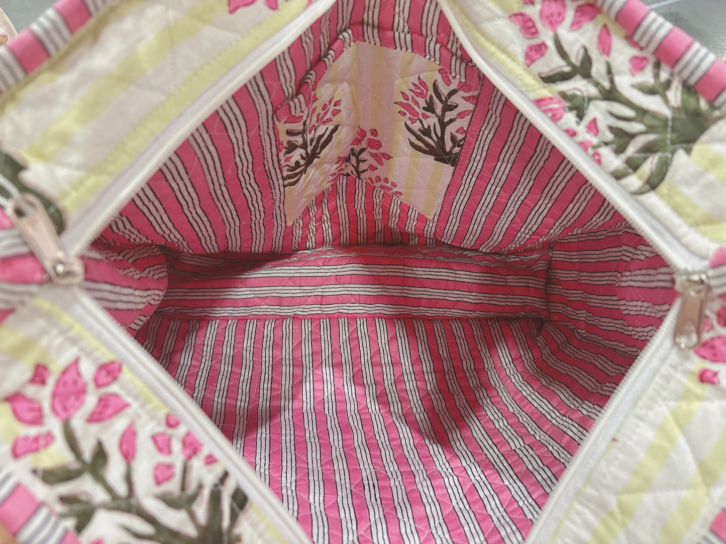 Ruffled Garden Block Print Quilted Bag Collection (shipping estimate 9/12)